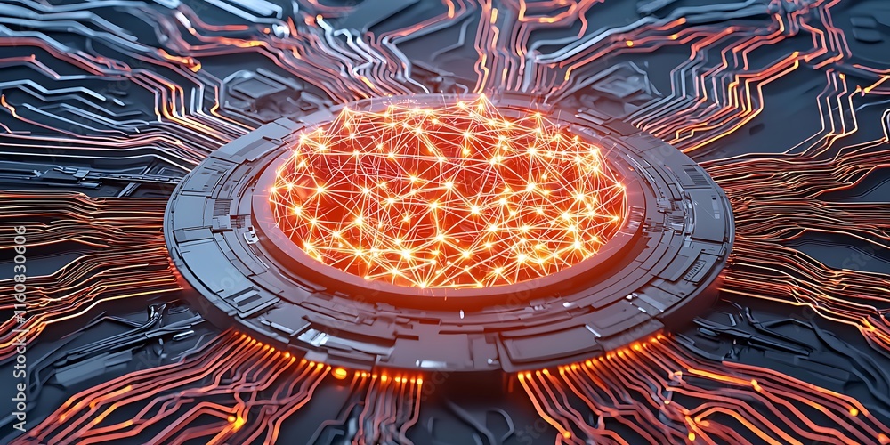 Poster vibrant visualization of ai adaptation with glowing circuitry and dynamic connections in a high-tech
