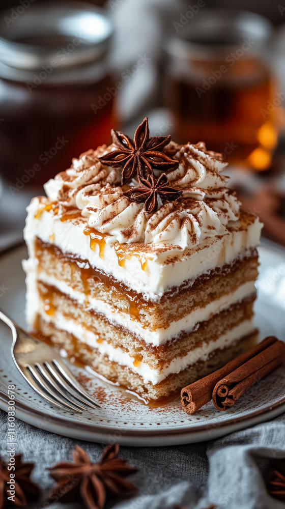Poster slice of cake with a cinnamon topping sits on a plate. the plate is placed on a table with a fork an