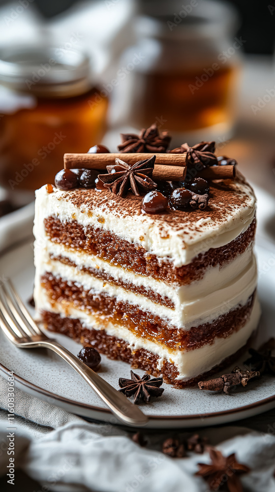 Poster slice of cake with a cinnamon topping sits on a plate. the plate is placed on a table with a fork an