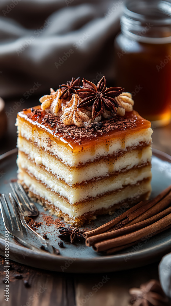 Poster slice of cake with a cinnamon topping sits on a plate. the plate is placed on a table with a fork an