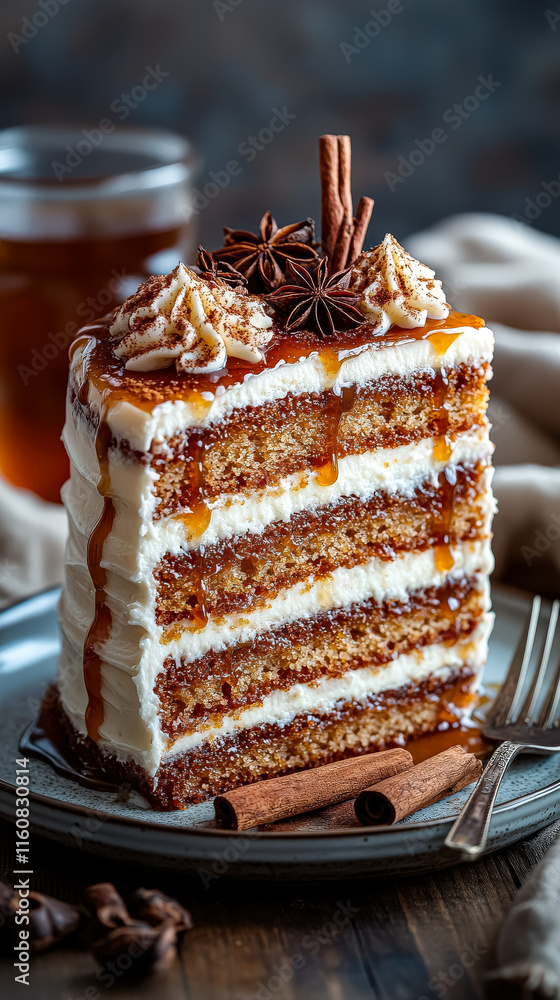 Poster slice of cake with a cinnamon topping sits on a plate. the plate is placed on a table with a fork an