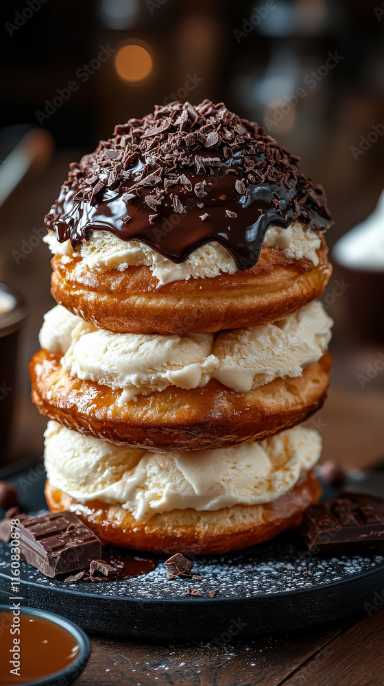 Poster stack of donuts with chocolate and ice cream on top. the donuts are piled on top of each other, with