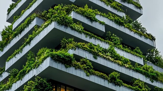 A modern building adorned with lush greenery showcases how nature can harmonize with urban living. Plants cascade down the structure, creating a serene oasis in the city
