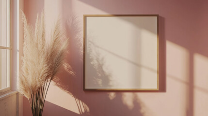 Elegant empty frame against a pastel pink wall with soft shadows at sunset