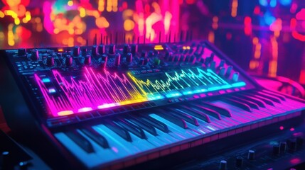 Synth keyboard with vibrant waveform display in a nightclub.