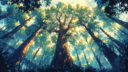 Obraz premium A majestic, towering Redwood tree symbolizing growth and legacy, bathed in warm sunlight, reaching high above a lush forest canopy in a digital watercolor style