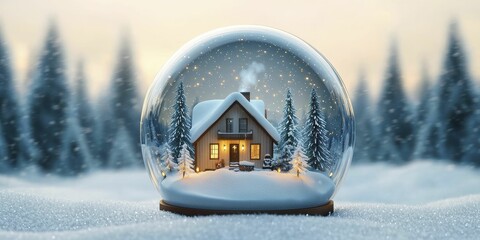 Enchanting Snow Globe with Cozy House and Falling Snowflakes on a Winter Night