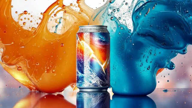 Sparkling liquid dances around a sleek can, with vibrant colors and splashes creating an exciting atmosphere. Experience the ultimate refreshment in every drop as the can shines