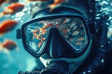 Underwater scene featuring diver surrounded by colorful fish, vi