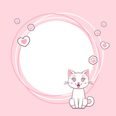 Cartoon cute smiling white cat with paw prints and hearts on pink background. Round vector banner with copy space. 