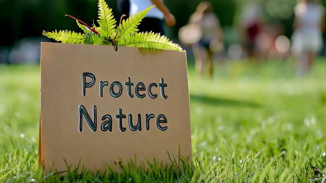 In a lively park, a group gathers around a handmade sign urging everyone to protect nature. Friends engage in discussions and activities highlighting environmental awareness