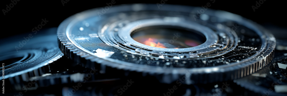 Poster intricate gear mechanism, close-up view of a complex gear system with dusty metallic texture, showin