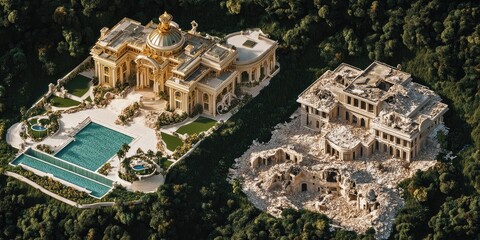 A contrast between an opulent mansion and a dilapidated estate amidst lush greenery.
