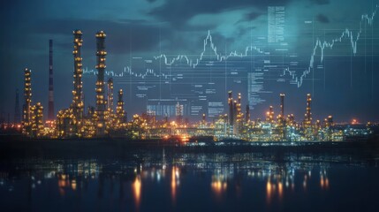 Night view of illuminated refinery with superimposed stock market graph.