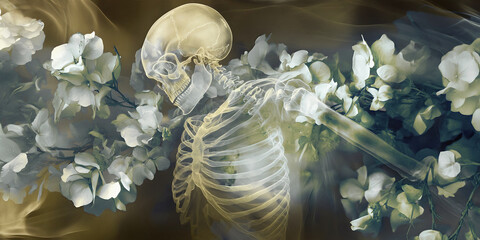 I am a soul experiencing being human and my time is done - a ghostly human skeleton surrounded by ethereal flowers depicting death of the human allowing the soul to leave 

