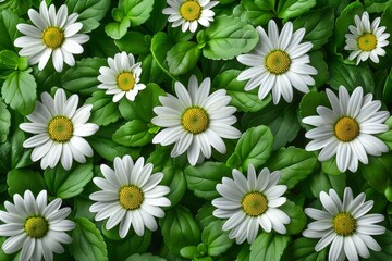 Obraz premium Beautiful daisies blooming among lush green leaves in a vibrant garden setting during springtime