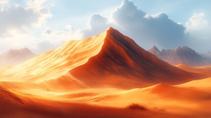 Naklejka premium Majestic desert dune landscape at sunset, with golden sand and mountains in the background.