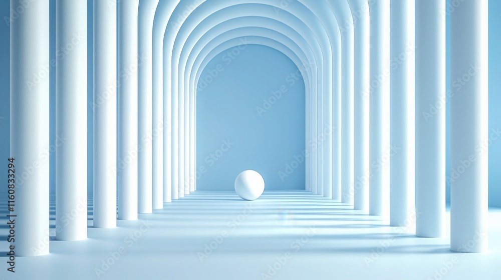 Poster 2025 creative projects modern design. minimalistic corridor with columns and a sphere in soft blue t