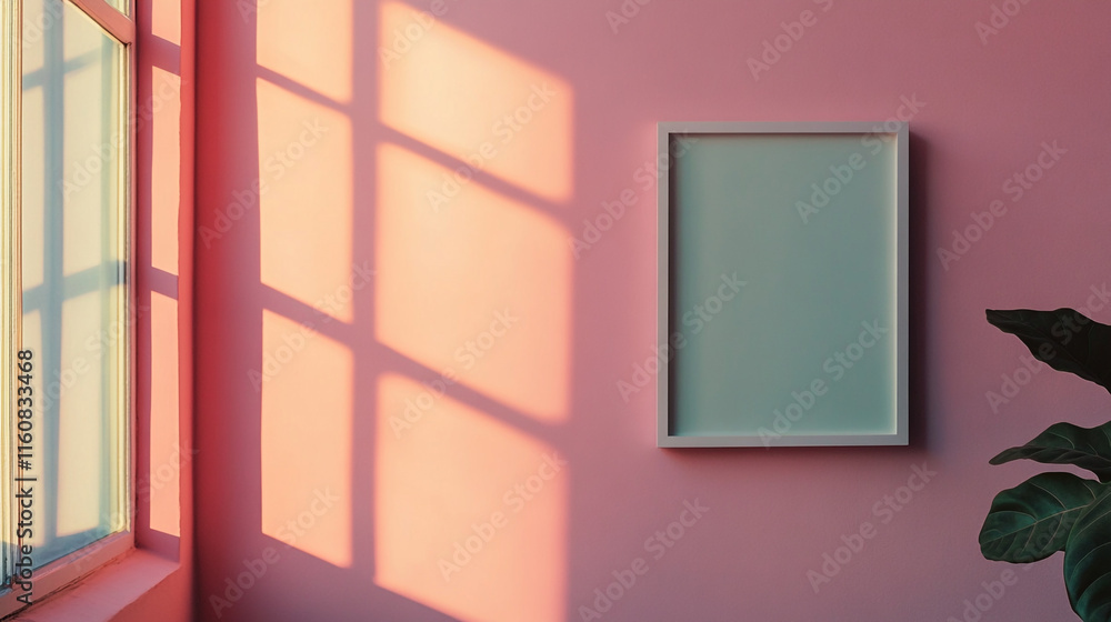 Poster bright pink wall with shadows from window and blank frame for artistic display