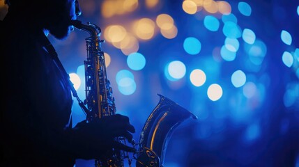 Fototapeta premium Silhouette of saxophonist against vibrant blue bokeh backdrop, c