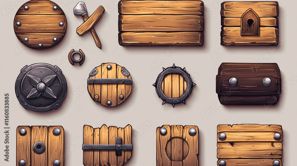 Poster wooden buttons cartoon interface. ui game, gui elements with wooden texture. game interface menu opt