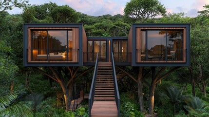 2025 Creative Projects modern design. Modern treehouse nestled in lush greenery with a wooden walkway.