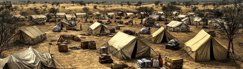 Aerial view of a temporary settlement with tents in a dry, dusty landscape.