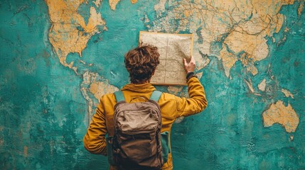 Fototapeta premium Young Traveler Exploring World Map with Vintage Style Map