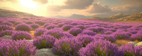 Fototapeta premium A vibrant lavender field under a golden sunset, showcasing nature's beauty and tranquility.