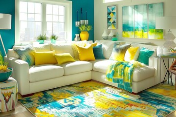 A vibrant living room with bold geometric shapes, large windows, natural light, colorful furniture, plants, and unique decor, blending modern design and creative aesthetics.