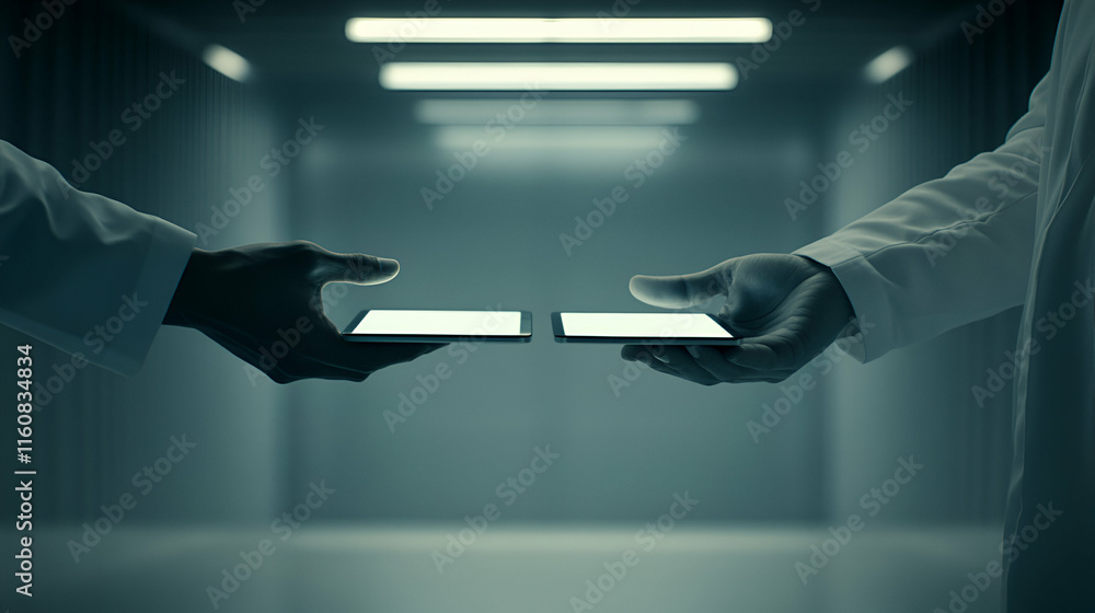 Poster digital data exchange, professionals sharing information securely and efficiently in a modern settin