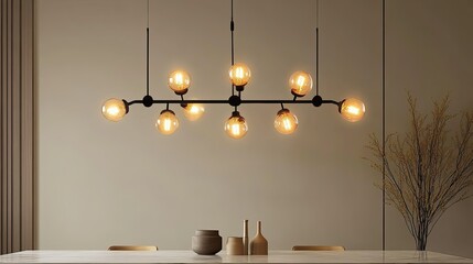 Modern minimalist black metal eight-light chandelier with amber glass globes above dining table.