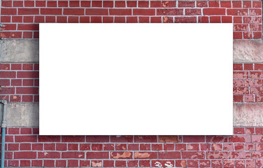 Empty white rectangular billboard advertising panel mockup fixed on a red brick wall background for your advertisement