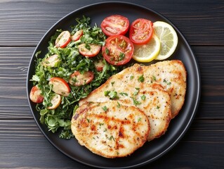 Italian inspired grilled chicken with creamy Caesar salad and garlic flatbreads, offering a savory Mediterranean dining experience captured in elegant culinary photography