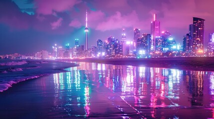 Vibrant city skyline reflected in ocean at night.