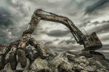 Fototapeta premium Rusty excavator arm digging rocks under stormy sky.