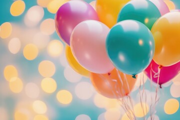 Colorful balloons float against dreamy background of soft bokeh