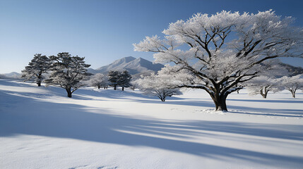 Winter Wonderland, Frosty Trees and Mountain View. Majestic snowy landscape, showcasing winter's beauty.