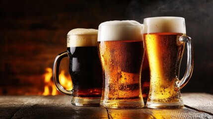 glassed of beer on wooden background