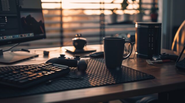 Sunset view from home office desk with coffee, keyboard, and gaming controller.