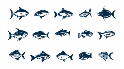 Fishes sketch icons of tuna, perch and pike or salmon and marlin. Vector set of saltwater sea or freshwater river fish species flounder, sheatfish or car and sprat mackerel for fishing design