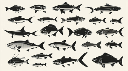 Fishes sketch icons of tuna, perch and pike or salmon and marlin. Vector set of saltwater sea or freshwater river fish species flounder, sheatfish or car and sprat mackerel for fishing design