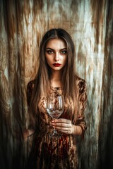 Fototapeta premium A young Caucasian woman with long hair holds a wine glass against a textured backdrop.