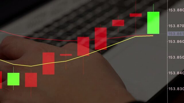 ノートパソコンと変動相場、ローソク足チャート、投資戦略、ノートPCで資産運用、データ分析、投資の成功