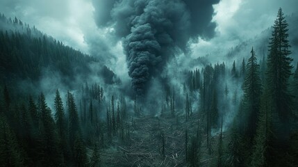 A dramatic scene of smoke rising from a forest, indicating possible fire or destruction.