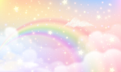 Unicorn cartoon background, holographic fantasy rainbow backdrop, magical gradient landscape or cute candy wallpaper with sky, cloud, star, bokeh, sparkle, glitter texture and iridescent neon light.
