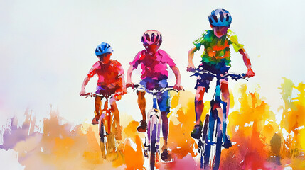Colorful watercolor painting of children riding bikes in vibrant landscape