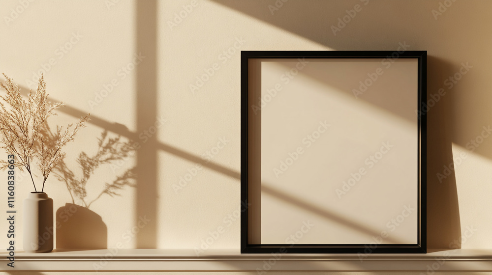Poster plain black frame rests on a shelf beside a vase and casts gentle shadows in soft light