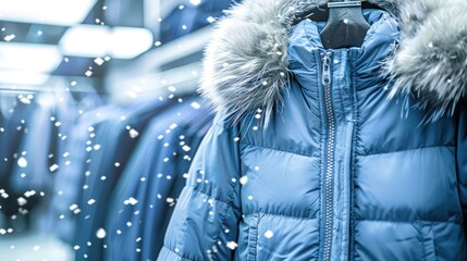 Blue puffer jacket with fur hood in snowy scene.