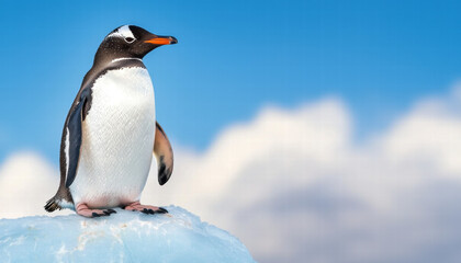 Fototapeta premium Climate change ecosystem global crisis. Gentoo penguin on an ice floe under blue sky